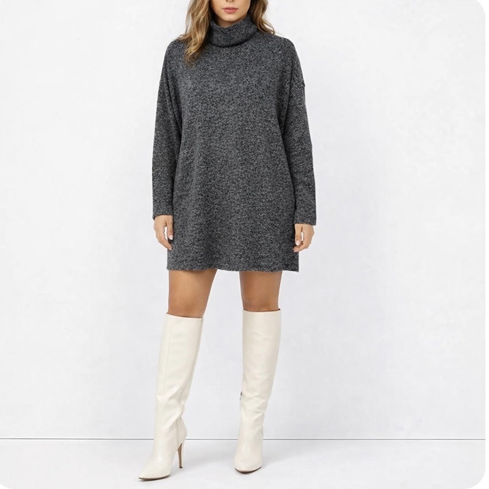 Uniqlo Soft Knit Sweater Dress‎ Size M Black Marled Turtleneck Long Sleeve Cozy